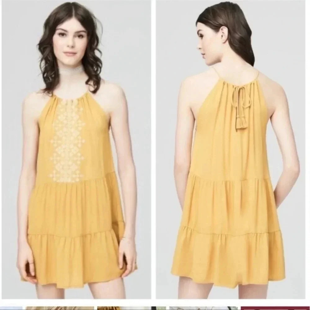 Aeropostale Yellow Embroidered Mini Dress With Tie back and Tassels // s…